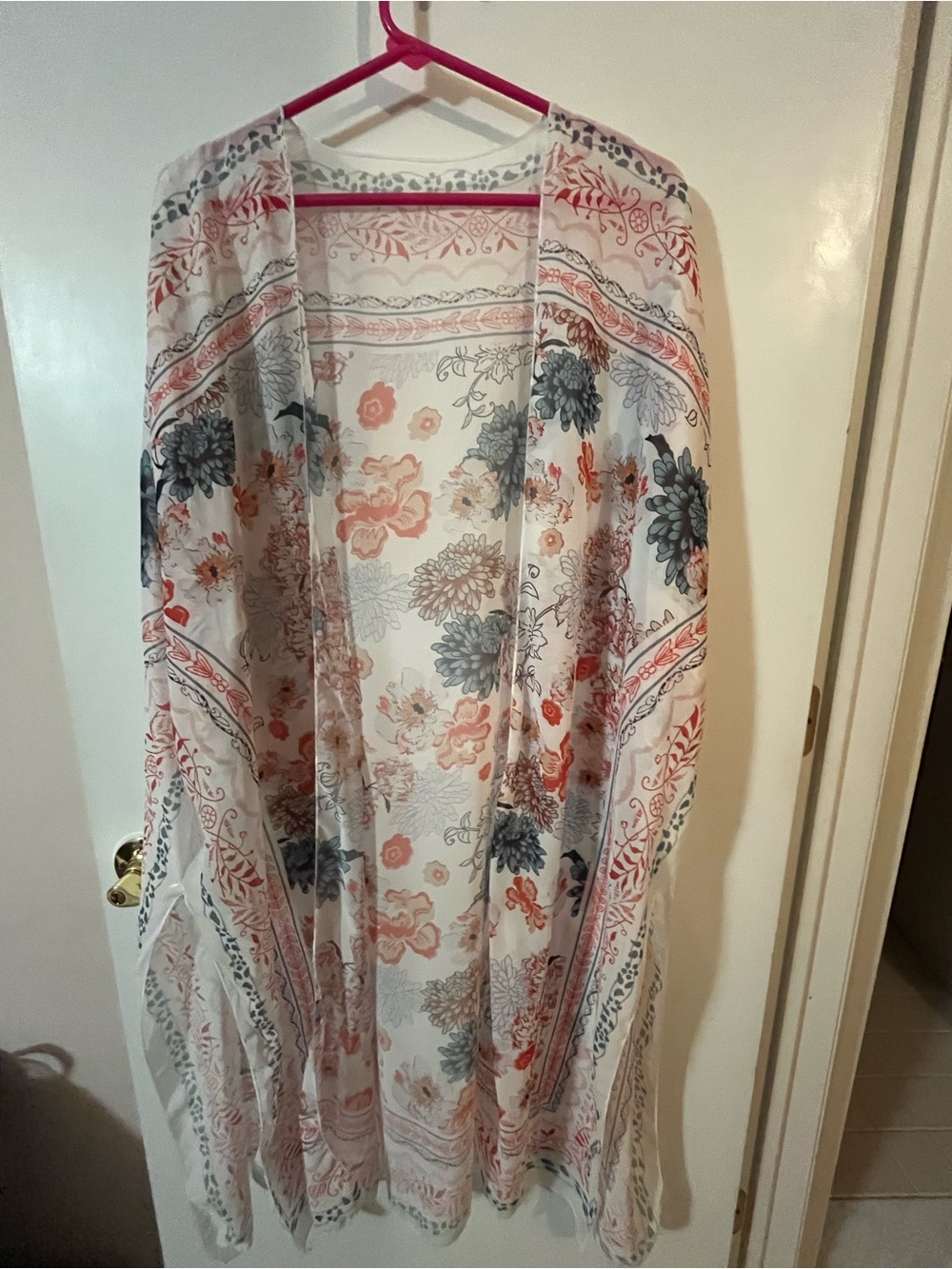 Lightweight Floral Kimono - Cream with Coral & Slate sheer